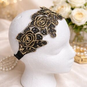 Black Lace Floral Headband Gold Trim Stretch Hair Band Elegant Boho Formal